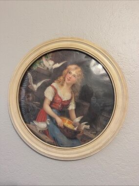 Antique Cinderella Art 19th century bubble glass round frame cottagecore